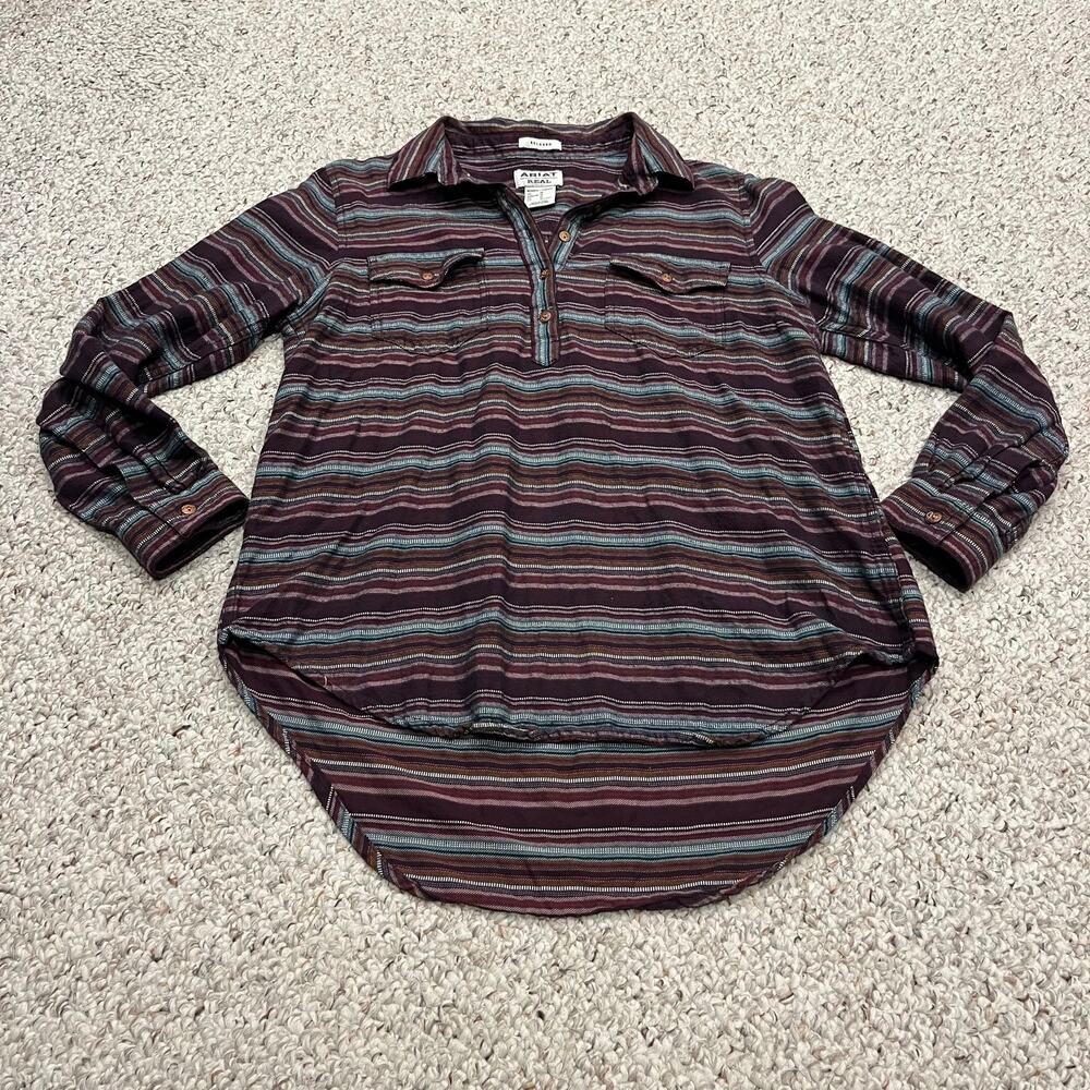 Ariat Flannel Popover Long Sleeve Shirt M Relaxed Striped Western Rodeo Festival